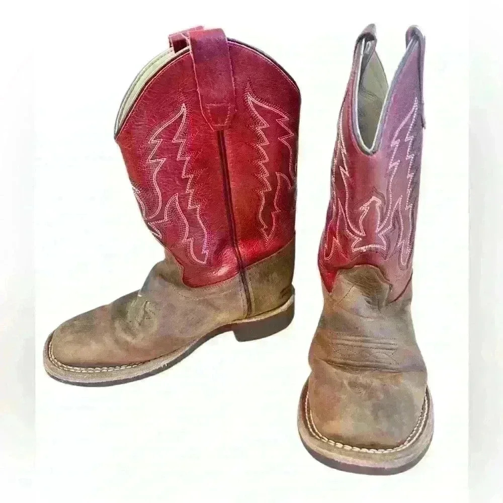 Old West brown and red leather young kids boots Sz 13.5-D